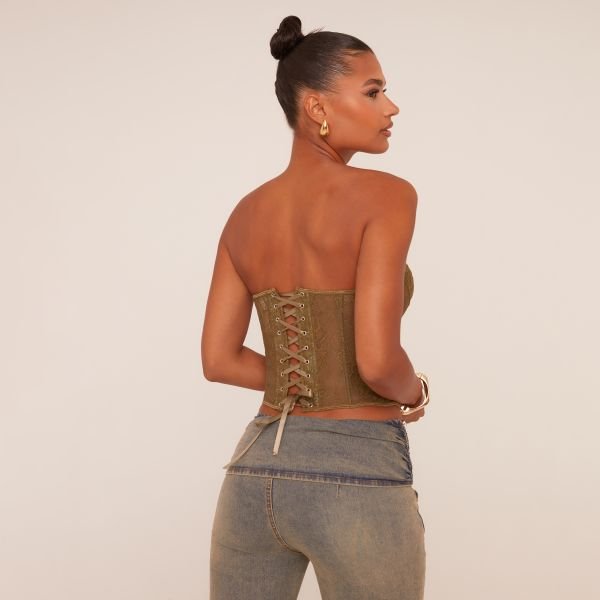 EGO Bandeau Structured Detail Corset Top In Khaki Lace, Women's Size UK 10 - 2