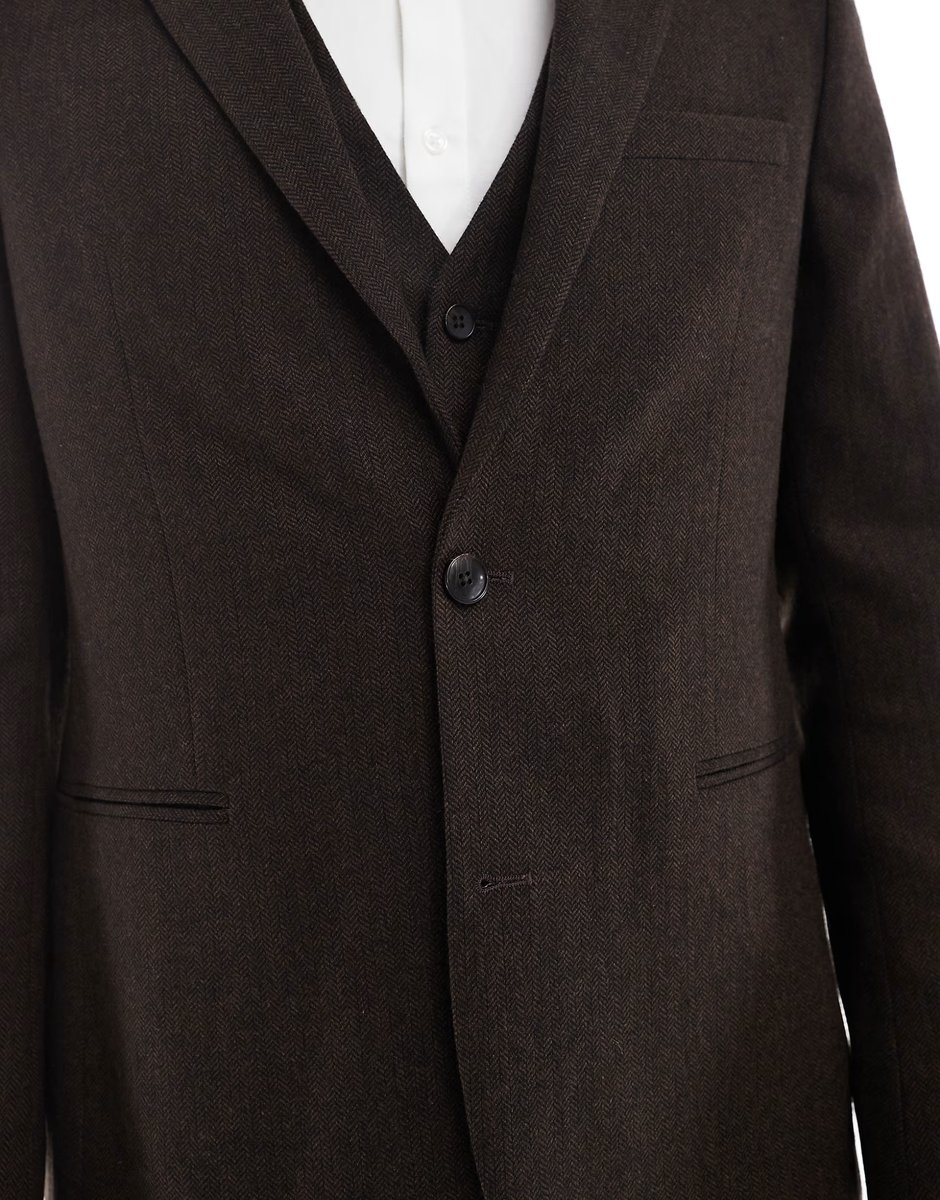 ASOS ASOS DESIGN wool rich slim suit jacket in brown herringbone - 3