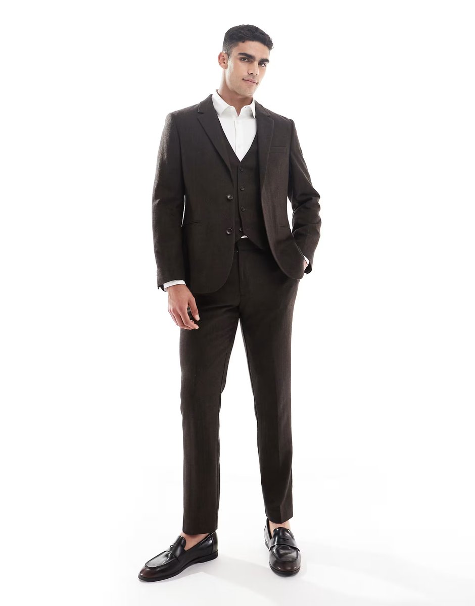 ASOS ASOS DESIGN wool rich slim suit jacket in brown herringbone - 4