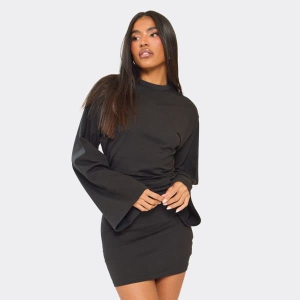 EGO Flared Sleeve Ruched Panel Detail T-Shirt Mini Dress In Black, Women's Size UK 6