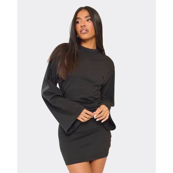 EGO Flared Sleeve Ruched Panel Detail T-Shirt Mini Dress In Black, Women's Size UK 6 - 2