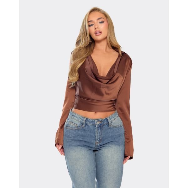 EGO Long Sleeve Cowl Neck Top In Chocolate Brown Satin, Women's Size UK 6 - 2
