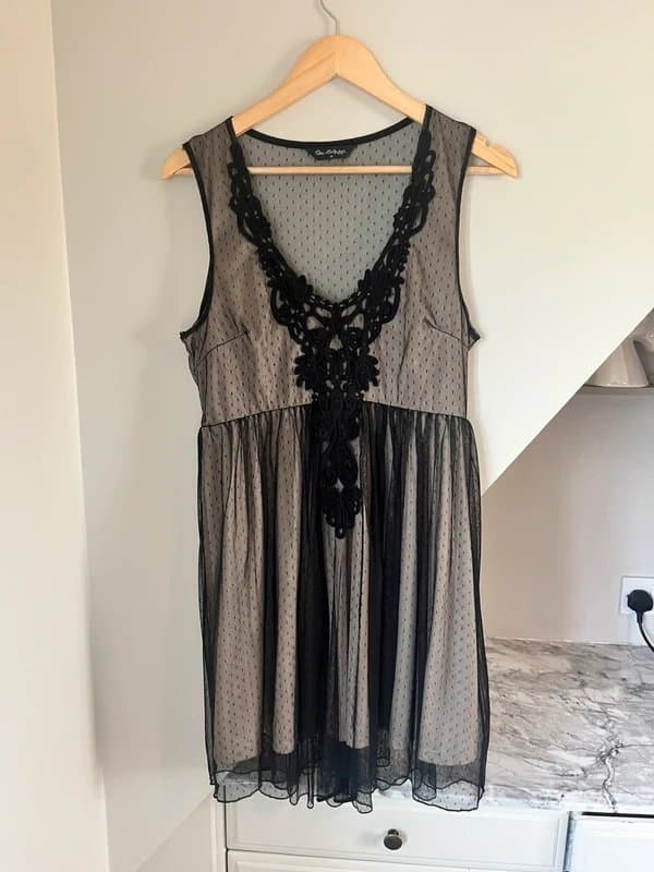 Miss Selfridge Miss Selfridge Nude Black Tulle Lace Tie Back Skater Style Dress Size 14