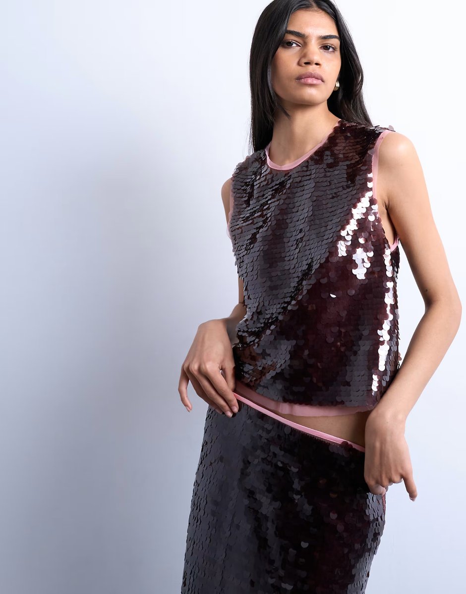 ASOS Topshop co-ord sequin contrast shell top in wine - 2