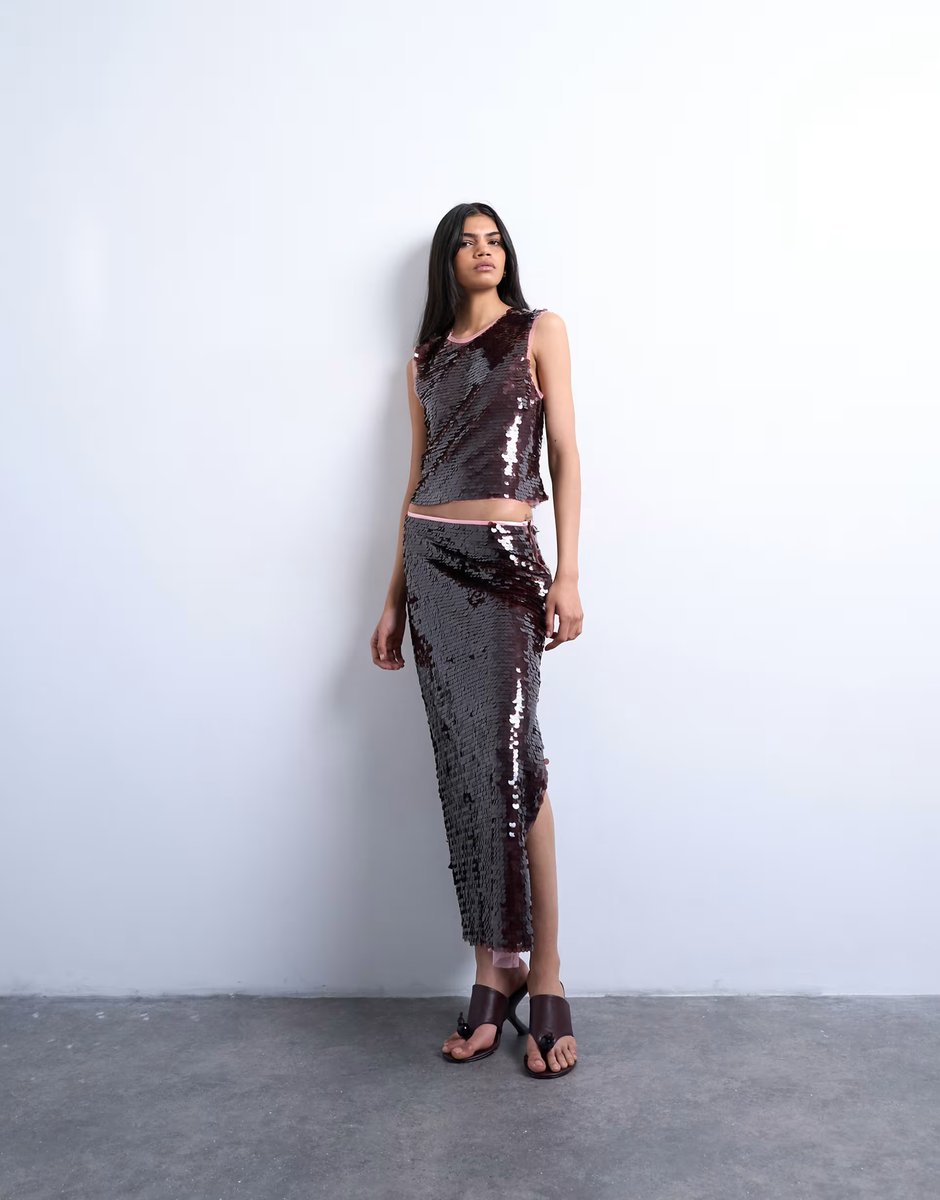 ASOS Topshop co-ord sequin contrast shell top in wine - 3