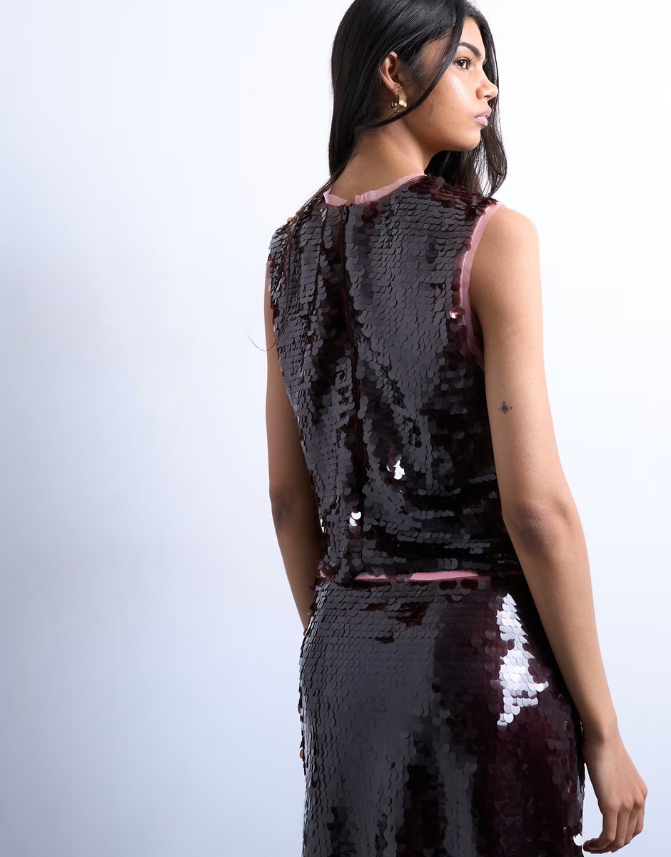 ASOS Topshop co-ord sequin contrast shell top in wine - 4