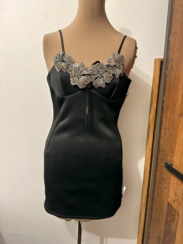 ASOS Design black mini dress body con straps detachable flower rhinestone studded brooch corsage size 10