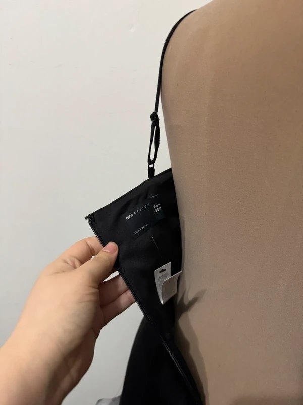 ASOS Design black mini dress body con straps detachable flower rhinestone studded brooch corsage size 10 - 2