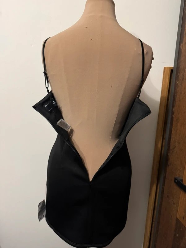 ASOS Design black mini dress body con straps detachable flower rhinestone studded brooch corsage size 10 - 3