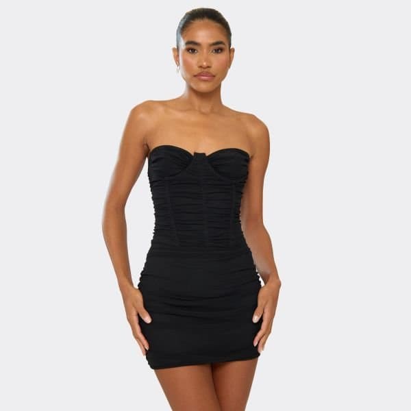EGO Bandeau Underwired Ruched Detail Mini Dress In Black, Women's Size UK 6