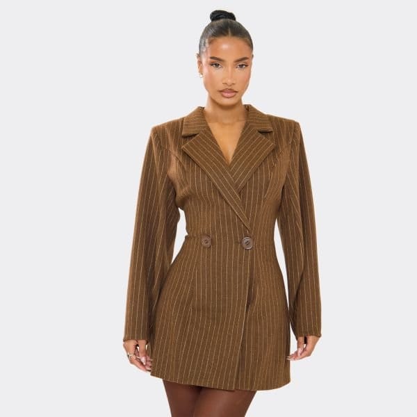 EGO Long Sleeve Shoulder Pad Detail Blazer Dress In Chocolate Brown Pinstripe Wool, Women's Size UK 6 - 1