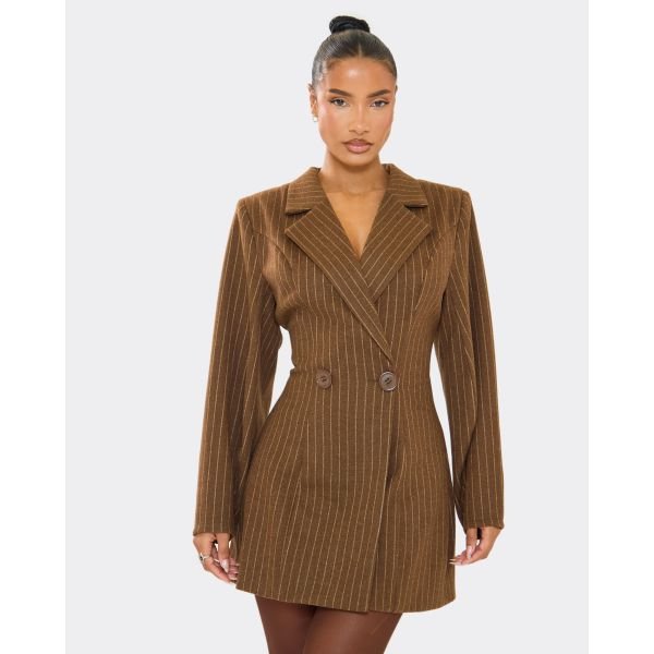 EGO Long Sleeve Shoulder Pad Detail Blazer Dress In Chocolate Brown Pinstripe Wool, Women's Size UK 6 - 2