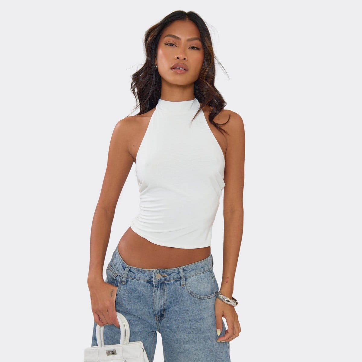 EGO Halterneck Open Back Detail Top In White Slinky, Women's Size UK 8 - 1