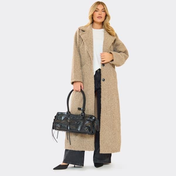 EGO Belted Detail Longline Tailored Coat In Light Brown Wool, Women's Size UK Large L