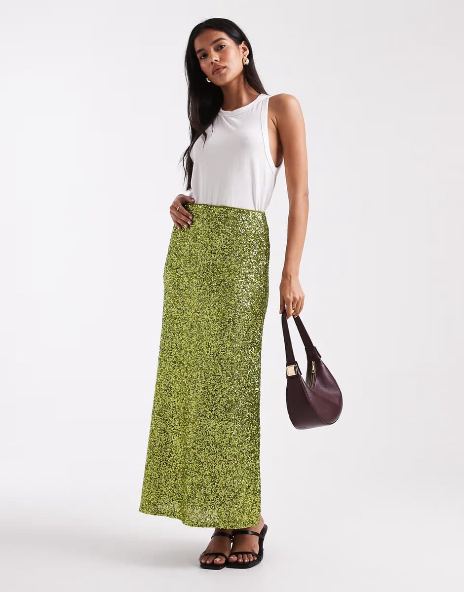 ASOS French Connection Elena sequin midi skirt in olive