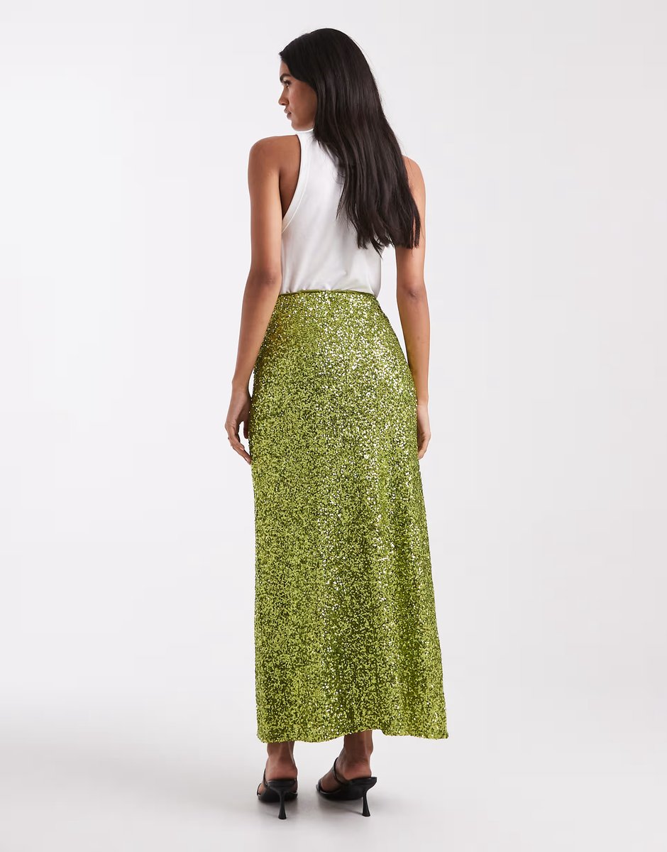 ASOS French Connection Elena sequin midi skirt in olive - 2