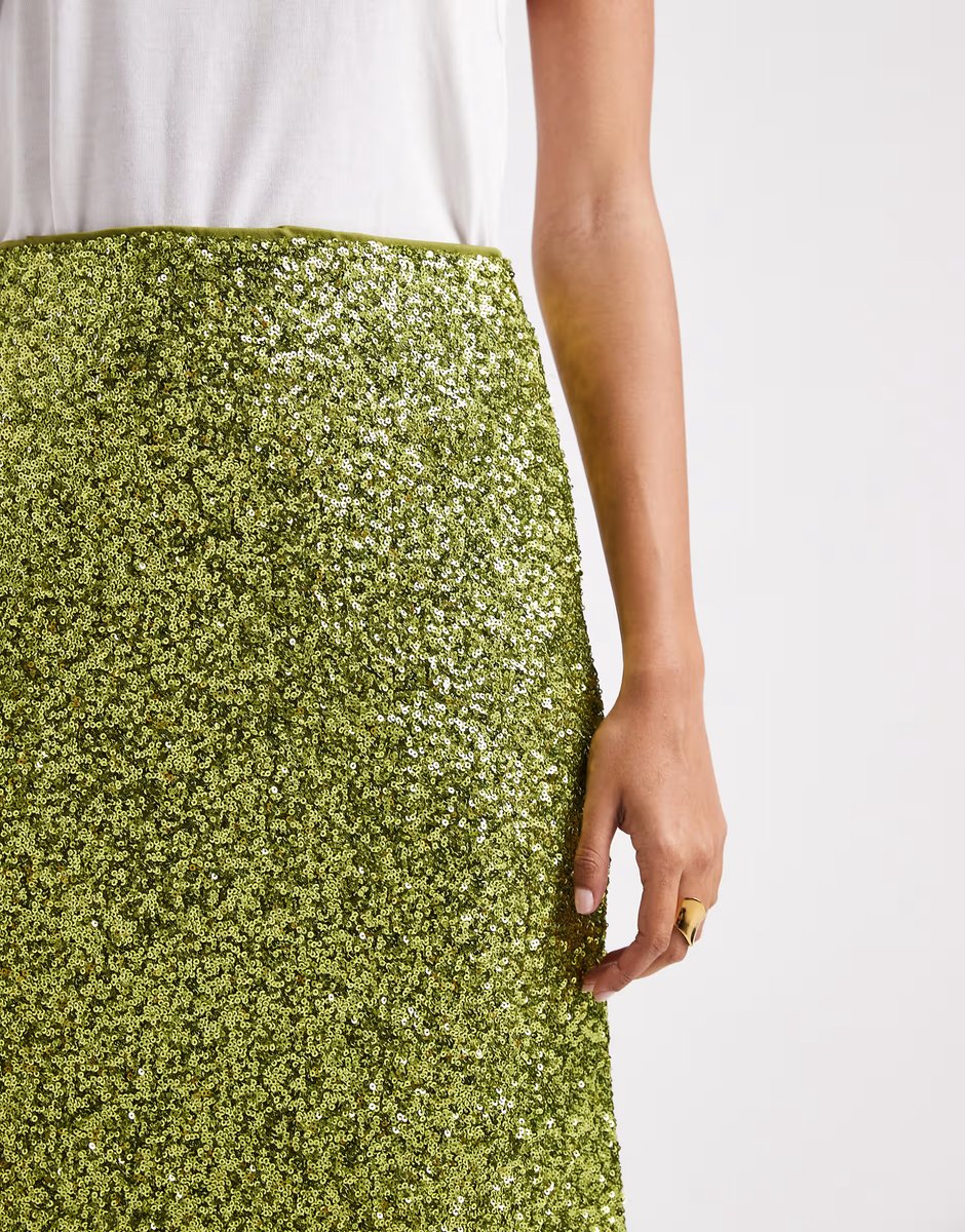 ASOS French Connection Elena sequin midi skirt in olive - 3