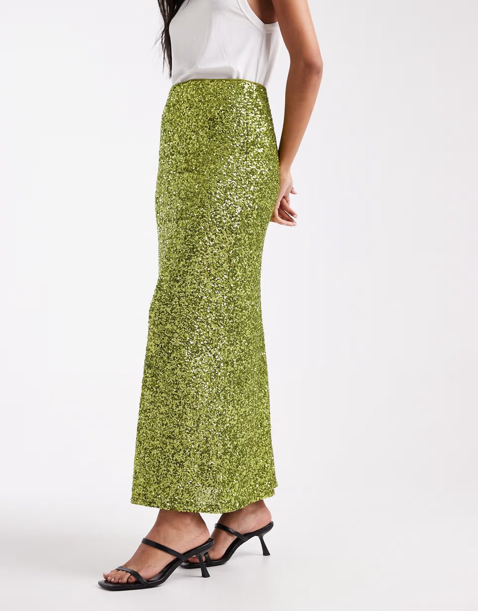 ASOS French Connection Elena sequin midi skirt in olive - 4