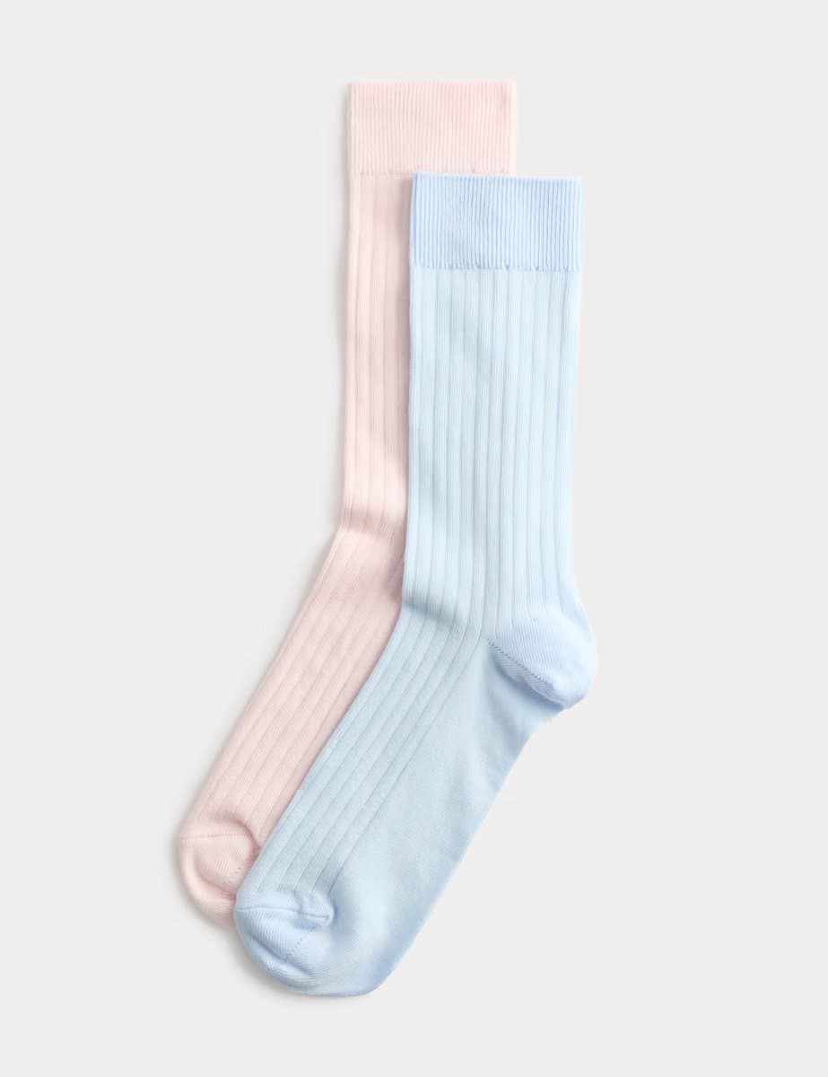 Marks & Spencer M&S 2 Pack Cotton Rich Ribbed Crew Socks in Blue Mix