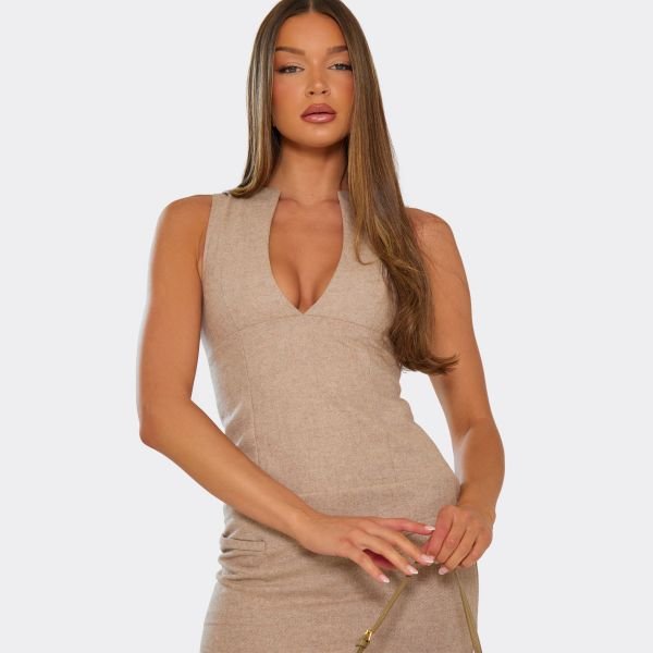 EGO Plunge Front Sleeveless Seam Detail Playsuit In Beige, Women's Size UK 6 - 2