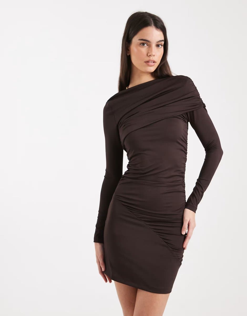 ASOS 4th & Reckless double layered slinky drape shoulder detail mini dress in chocolate