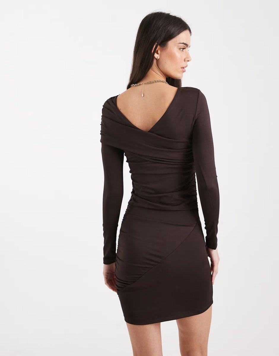 ASOS 4th & Reckless double layered slinky drape shoulder detail mini dress in chocolate - 4