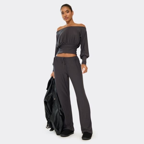EGO Low Rise Wide Leg Trousers In Charcoal Grey Soft Jersey, Women's Size UK 6 - 1