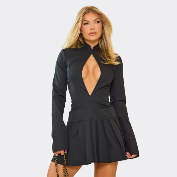 EGO Long Sleeve Keyhole Cut Out Pleated Hem Tailored Mini Dress In Black, Women's Size UK 6 - 1