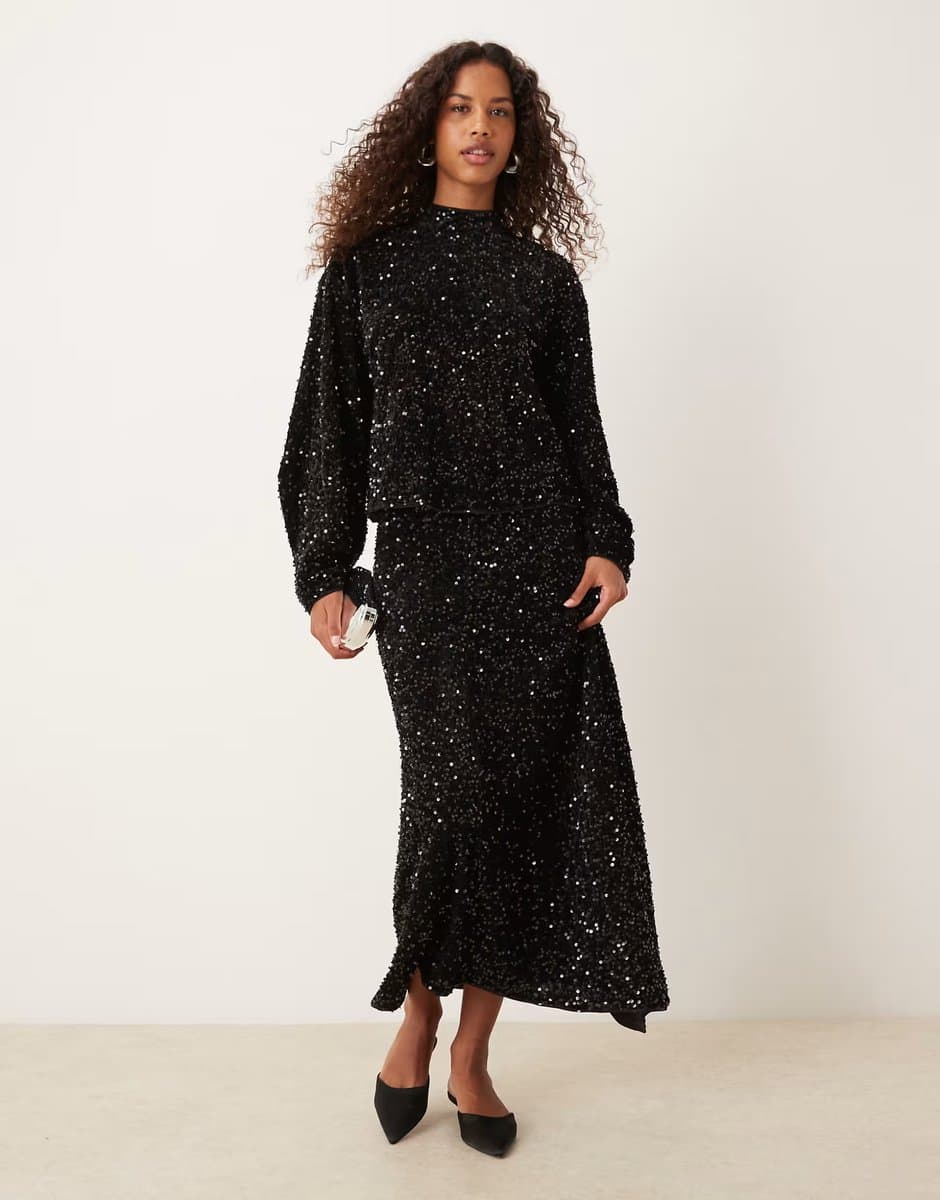ASOS ASOS DESIGN velvet sequin co-ord wrap midi skirt in black