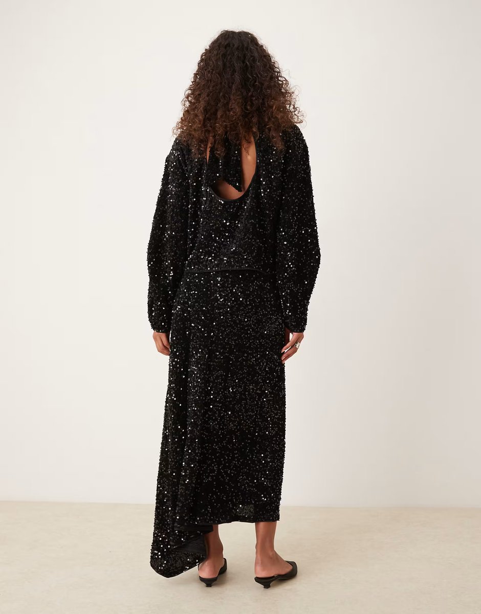 ASOS ASOS DESIGN velvet sequin co-ord wrap midi skirt in black - 3