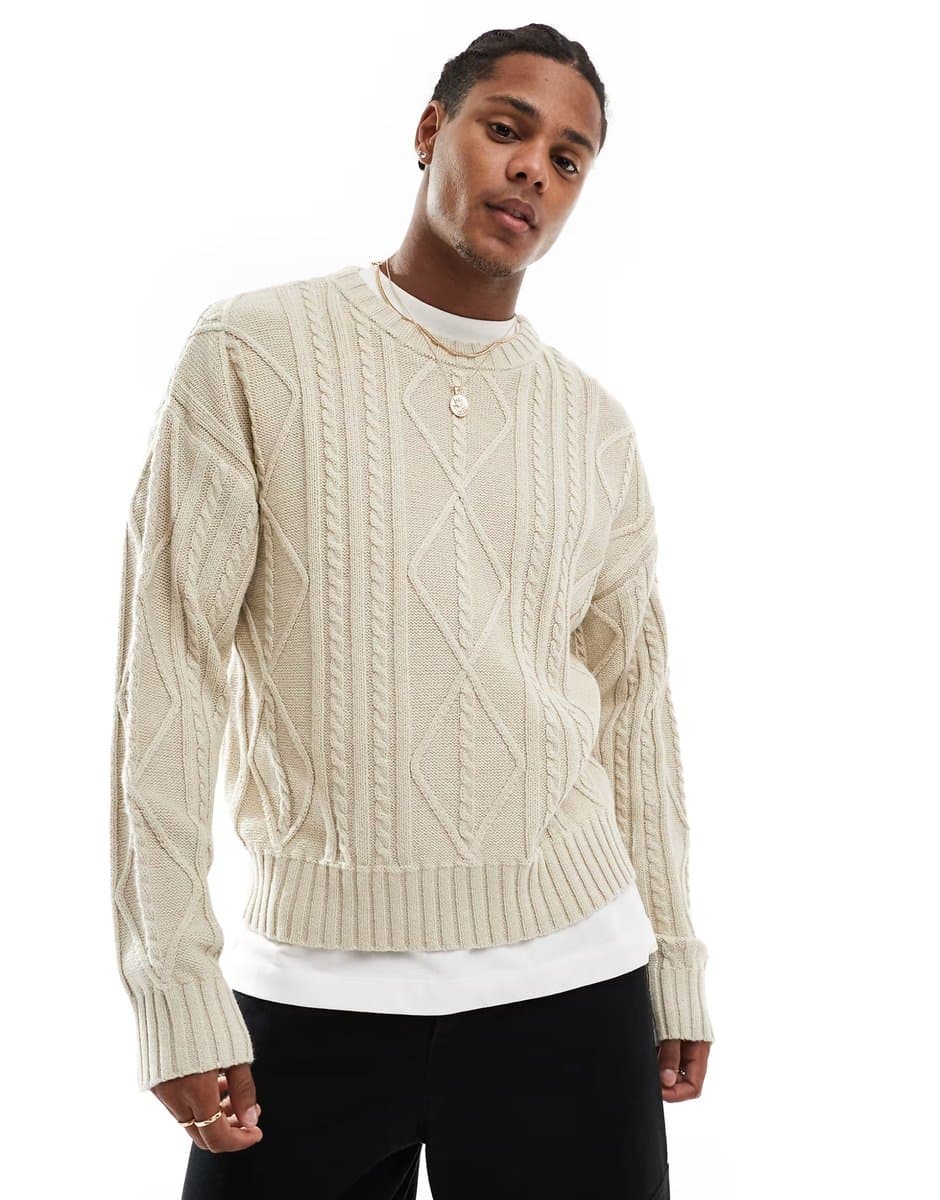 ASOS Cotton On cable knit crew jumper in stone marle