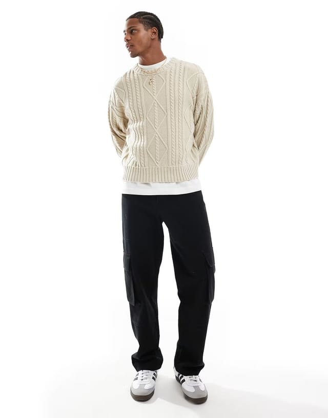 ASOS Cotton On cable knit crew jumper in stone marle - 2