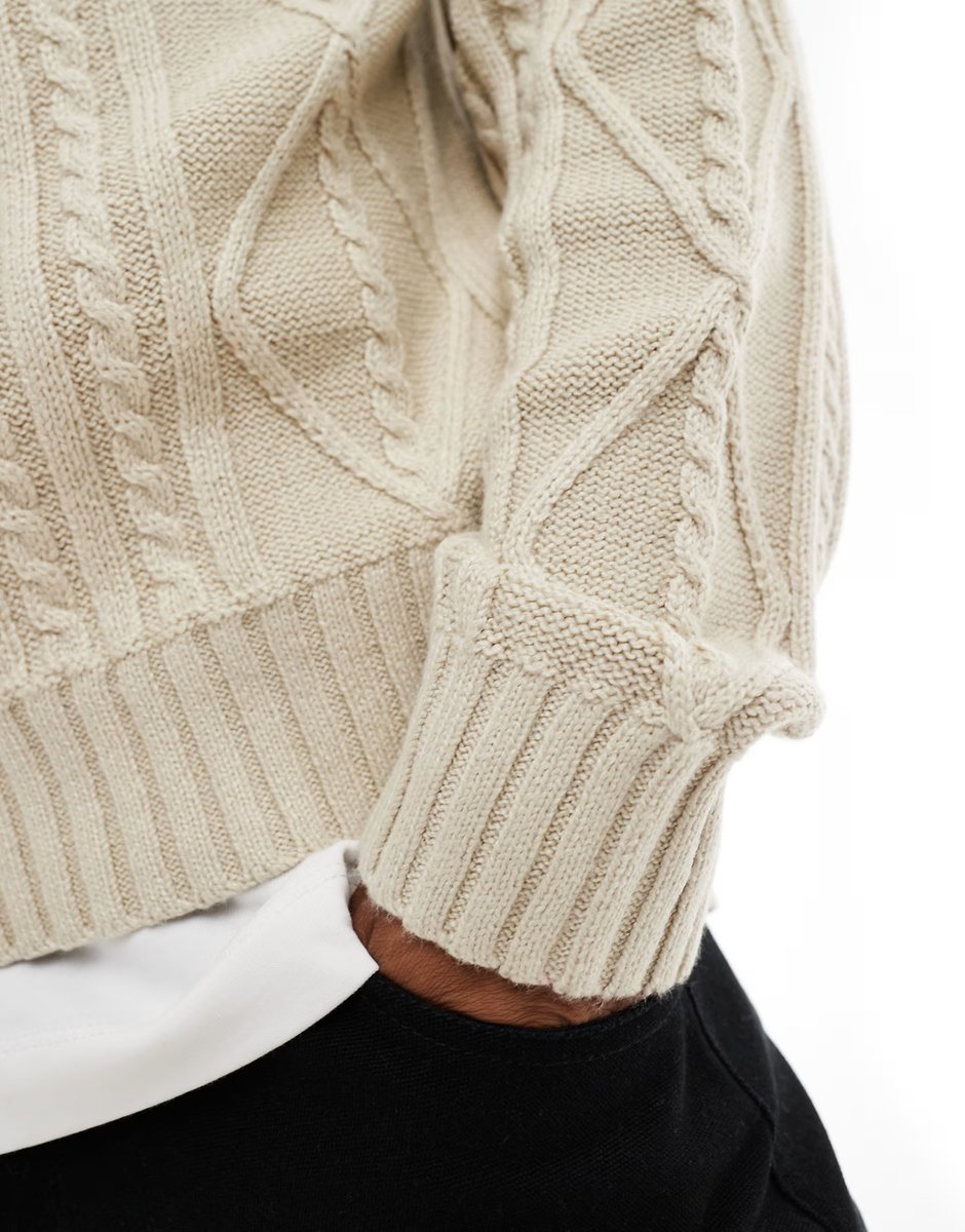 ASOS Cotton On cable knit crew jumper in stone marle - 3