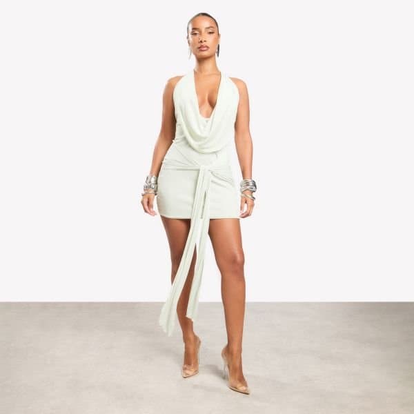 EGO Plunge Halterneck Draped Front Mini Dress In Sage Green, Women's Size UK 4