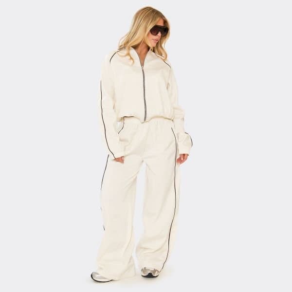 EGO Contrast Detail Wide Leg Track Pants In Cream, Women's Size UK 6