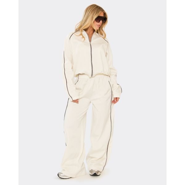 EGO Contrast Detail Wide Leg Track Pants In Cream, Women's Size UK 6 - 2