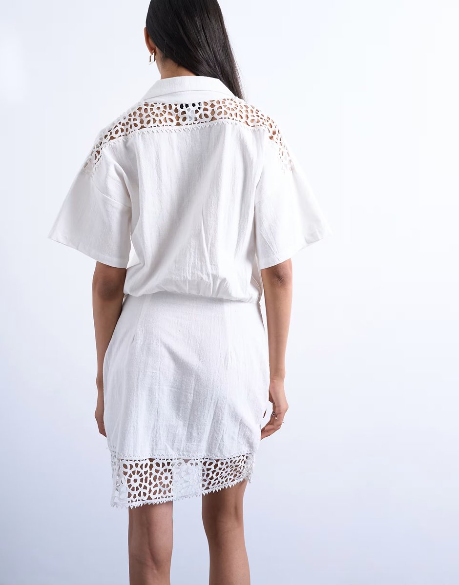 ASOS Topshop cotton crochet wrap skirt shirt dress in white - 3