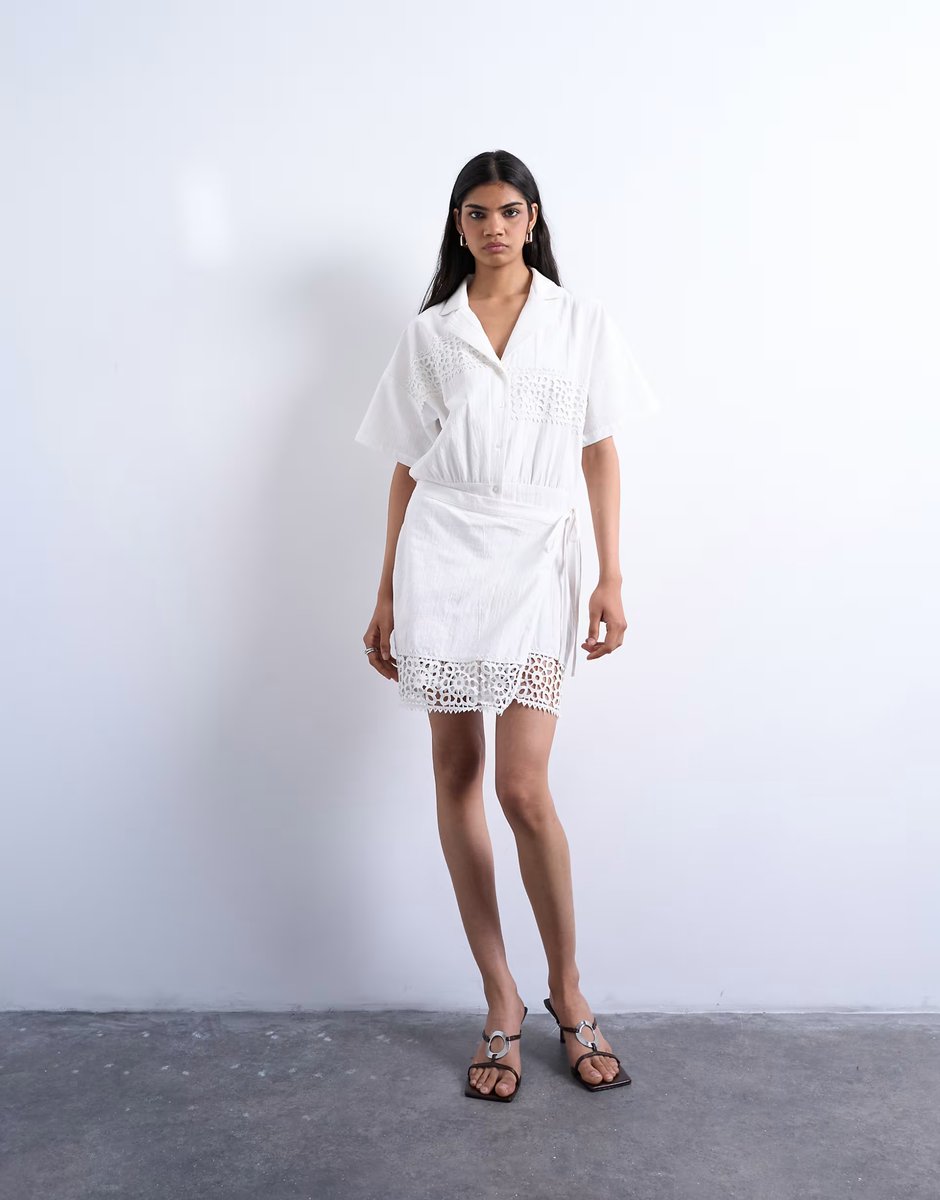 ASOS Topshop cotton crochet wrap skirt shirt dress in white - 4