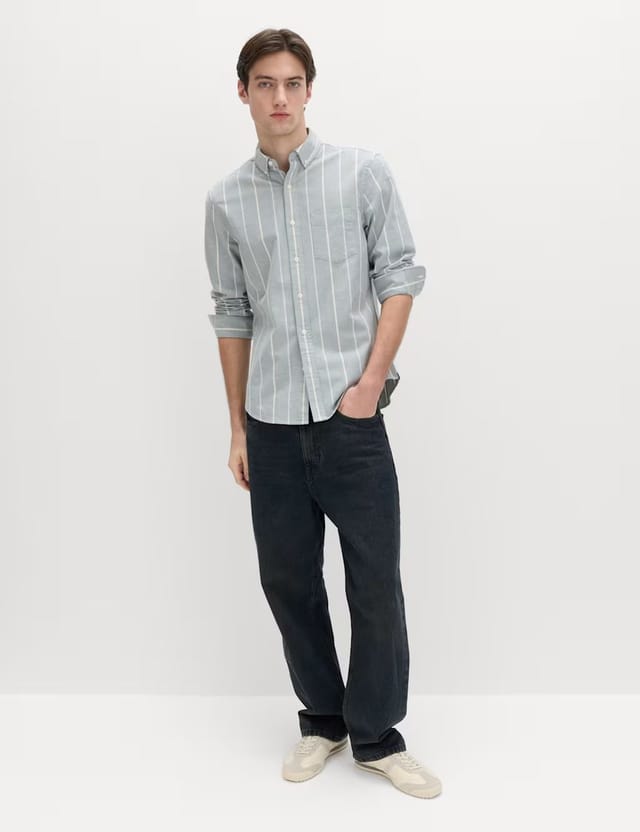 Marks & Spencer M&S Cotton Rich Striped Oxford Shirt Green Mix - 3