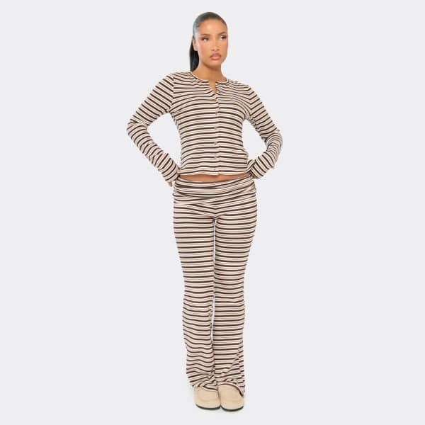 EGO Low Rise Fold Over Flared Trousers In Brown Striped Soft Fleece, Women's Size UK 14