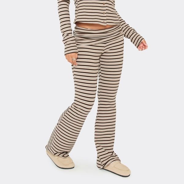 EGO Low Rise Fold Over Flared Trousers In Brown Striped Soft Fleece, Women's Size UK 14 - 2