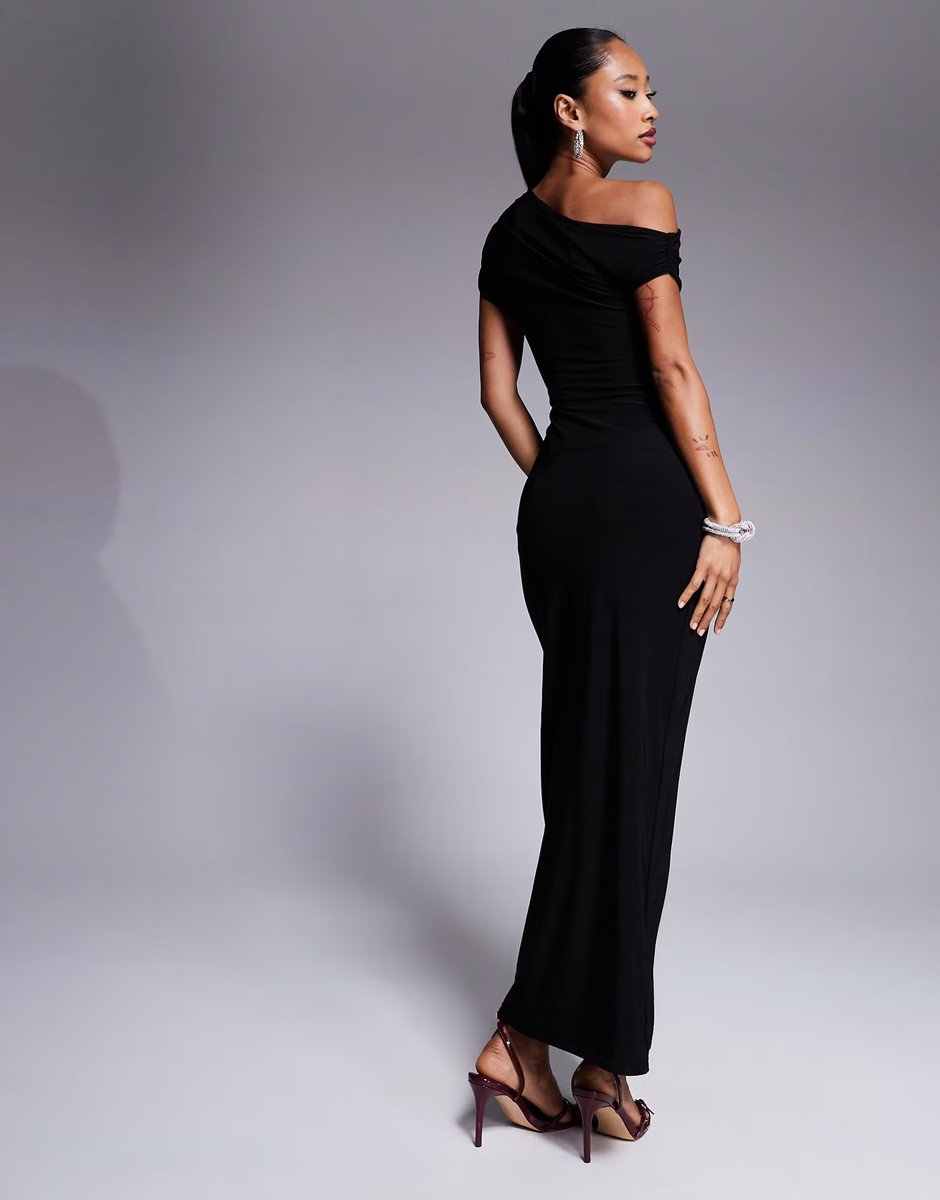 ASOS Kaiia exclusive double layered slinky drape off shoulder bodycon maxi dress in black - 3