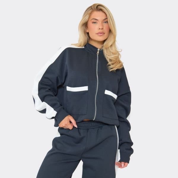 EGO Contrast Panel Pocket Detail Boxy Zip Up Sweatshirt In Navy, Women's Size UK 6