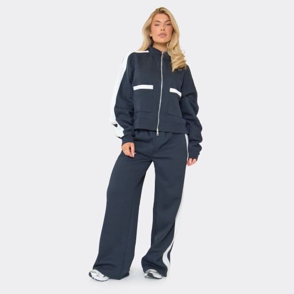 EGO Contrast Panel Pocket Detail Boxy Zip Up Sweatshirt In Navy, Women's Size UK 6 - 2