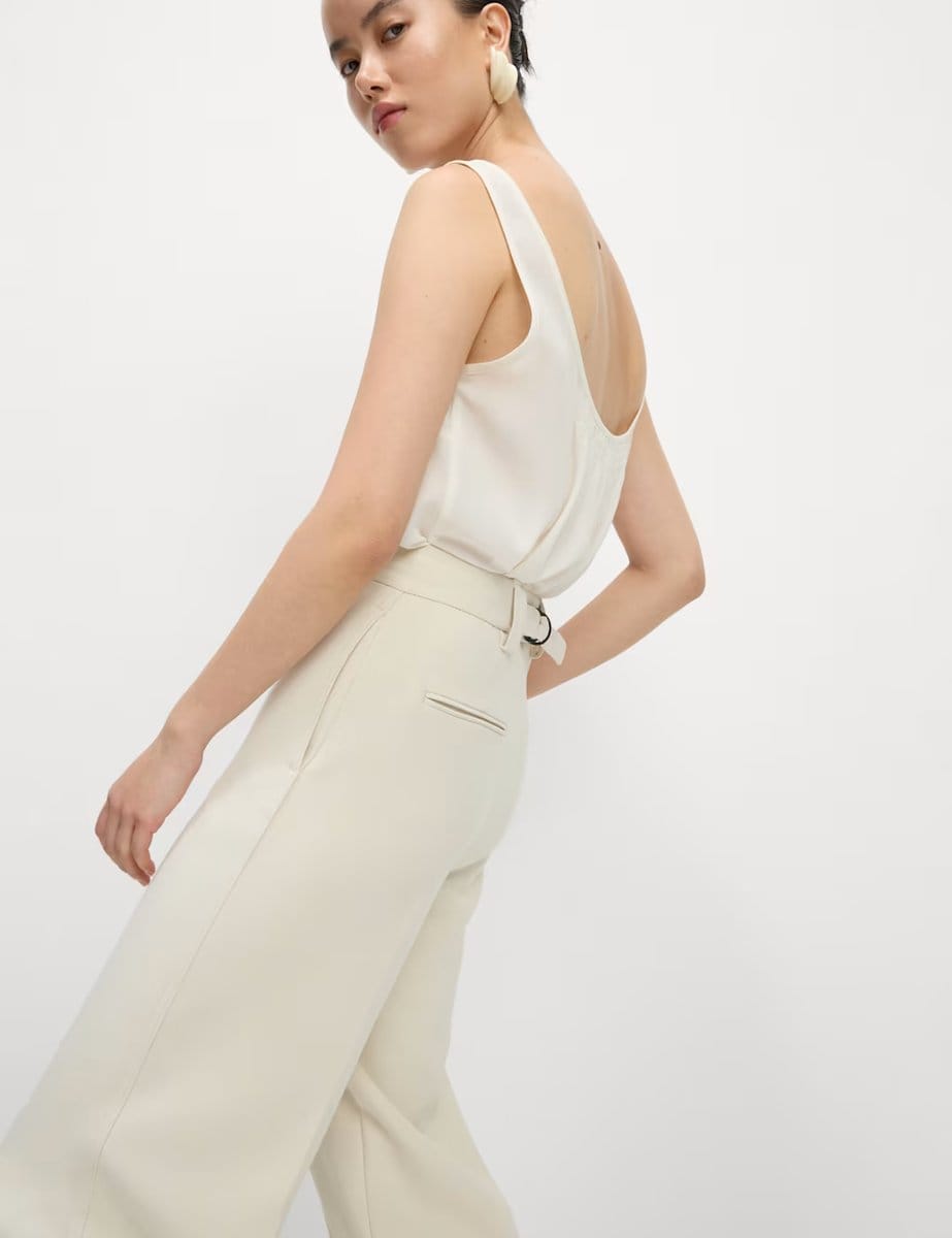 Marks & Spencer M&S Crepe Tab Detail Wide Leg Trousers Ecru - 4