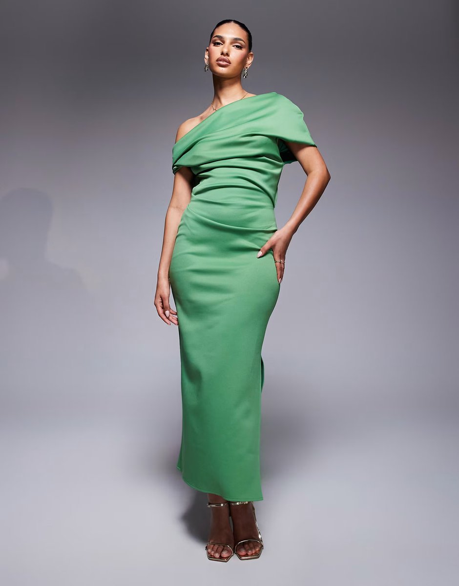 ASOS ASOS DESIGN structured midi dress with fallen shoulder in green in scuba-style fabric - 1