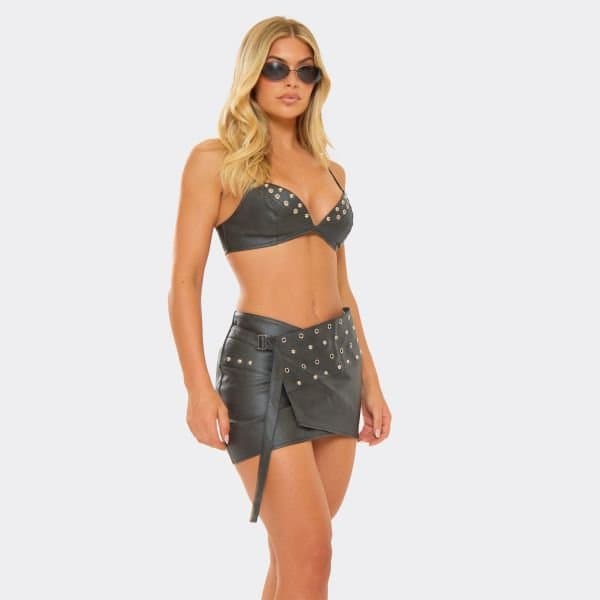 EGO Strappy Eyelet Detail Bralet Top In Black Acid Wash Faux Leather, Women's Size UK 6