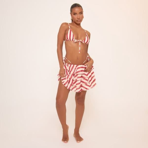 EGO Low Waist Tiered Rara Skirt In Red Stripe, Women's Size UK 6