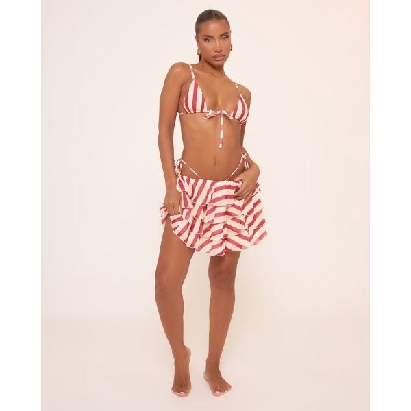 EGO Low Waist Tiered Rara Skirt In Red Stripe, Women's Size UK 6 - 2