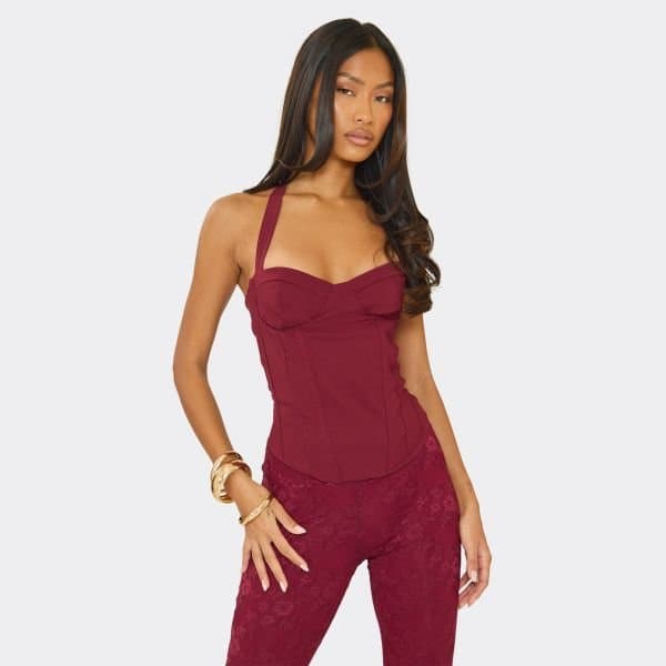 EGO Halter Neck Corset Cup Detail Top In Burgundy, Women's Size UK 6